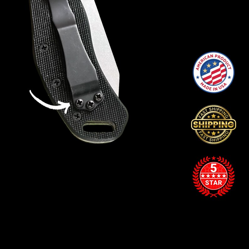 May include: Close-up of a black folding knife with a textured handle and a silver blade. The knife has a black pocket clip secured by three screws. The image includes a "Made in USA" emblem.