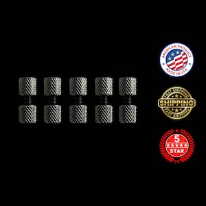 May include: A set of eight silver-colored, knurled thumb screws with a black connecting shaft. The screws are arranged in two rows of four against a black background. The image also includes three circular badges with text.