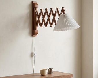 Accordion Wall Lamp Wood Swing Arm Sconce Pleated Shade Plug In Bedside Reading Light Mid Century Decor