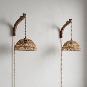 Rattan Wall Sconce Set of 2 Plug In Wicker Wall Lamp Farmhouse Wood Boho Bedside Lighting