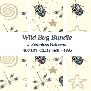 May include: A collection of three seamless patterns featuring whimsical bug designs. The patterns include illustrations of beetles, dragonflies, and abstract shapes in shades of blue, beige, and brown. The patterns are 12x12 inches.