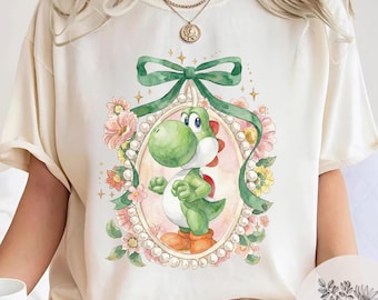 Retro Coquette Bow Yoshi Super Mario Shirt, Nintendo Mario World, Epic Universe Mario Baby Tee Crop Tank,Mario Women Shirt,Mario Yoshi Peach