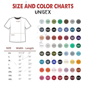 Puede incluir: Una tabla de tallas y colores para camisetas unisex. La tabla incluye un diagrama de una camiseta con medidas de ancho y largo. Las muestras de color incluyen blanco, negro, azul marino y otros colores. Las tallas van de XS a 4XL.