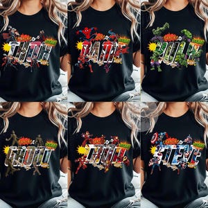 All Characters Checkered Disney Marvel Avengers Shirt, Spiderman Iron Man Signature Birthday Boy Birthday Girl, Marvel Family Group Matching image 1