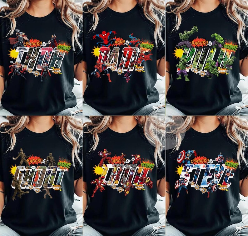 All Characters Checkered Disney Marvel Avengers Shirt, Spiderman Iron Man Signature Birthday Boy Birthday Girl, Marvel Family Group Matching image 1