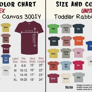 Puede incluir: Una tabla de tallas y colores para camisetas unisex y camisetas para ni&ntilde;os peque&ntilde;os. La tabla muestra varios colores de camisetas, incluyendo verde, azul y rosa, con detalles de tama&ntilde;o y medidas en cent&iacute;metros. El texto incluye "T-shirt Bella + Canvas 3001Y" y "Toddler Rabbit Skins 3321".