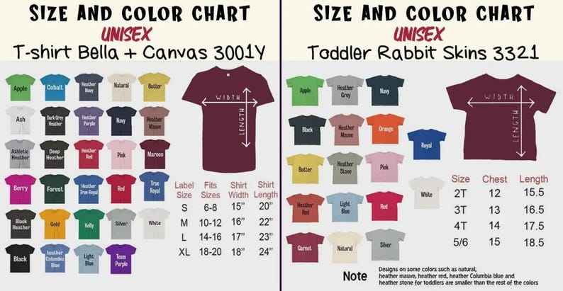 Puede incluir: Una tabla de tallas y colores para camisetas unisex y camisetas para ni&ntilde;os peque&ntilde;os. La tabla muestra varios colores de camisetas, incluyendo verde, azul y rosa, con detalles de tama&ntilde;o y medidas en cent&iacute;metros. El texto incluye "T-shirt Bella + Canvas 3001Y" y "Toddler Rabbit Skins 3321".