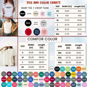 Puede incluir: Tabla de tallas y colores para camisetas de beb&eacute; y tops cortos, con medidas en pulgadas. Incluye muestras de color y tablas de tallas para camisetas Comfor Color. Presenta una variedad de colores y tallas.