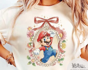 Retro Coquette Bow Super Mario Shirt, Nintendo Mario Peach Yoshi, Mario Epic Universe Baby Tee Crop Tank, Mario Birthday Shirt, Women Shirt