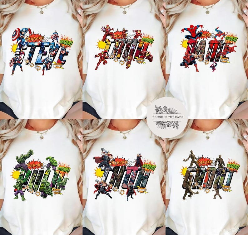 May include: White t-shirts featuring superhero names in a comic book style. Each shirt displays a different name: Steve, Thor, Jane, Hulk, Tirth, and Groot, with action-packed graphics and sound effects.