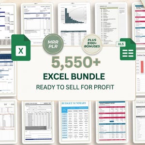 May include: A digital collection of spreadsheet templates featuring various financial tracking documents, charts, and budget summaries. The central text reads 5,550+ EXCEL BUNDLE READY TO SELL FOR PROFIT, accompanied by Excel icons, MRR PLR badges, and a Moonlet Digital logo.