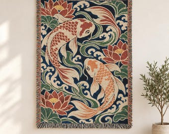 Japanese Koi Fish Woven Blanket, Lotus Pond Tapestry Throw, Navy Vermilion Japandi Wall Hanging, Cotton Fringe Blanket Gift