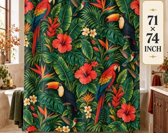 Tropical Parrot Shower Curtain, Jungle Toucan Hummingbird Fabric Curtain, Maximalist Bathroom Decor
