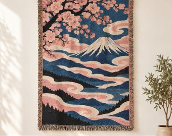 Mount Fuji Woven Blanket, Japanese Cherry Blossom Tapestry Throw, Pink Slate Blue Japandi Wall Hanging, Cotton Fringe Gift