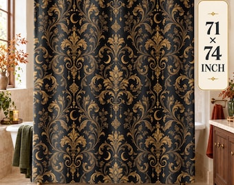 May include: A black shower curtain featuring a repeating gold damask pattern with crescent moon motifs, measuring 71 by 74 inches as indicated by the text on the right side of the image.