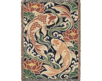 Japanese Koi Fish Woven Blanket, Lotus Pond Tapestry Throw, Navy Vermilion Japandi Wall Hanging, Cotton Fringe Blanket Gift