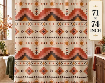 Southwestern Shower Curtain, Terracotta Diamond Kilim Fabric Curtain, Boho Desert Bathroom Decor