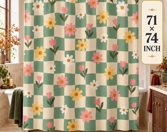 Checkered Shower Curtain, Mint Green Daisy Retro Fabric Curtain, Danish Pastel Bathroom Decor