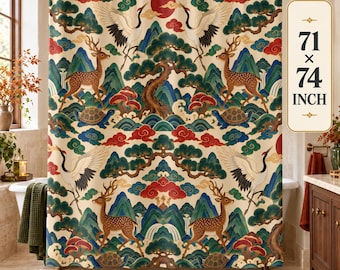 May include: A shower curtain featuring a repeating pattern of cranes, deer, turtles, pine trees, and mountains in red, green, blue, and brown on a cream background. A rectangular sign on the right displays the text 71 x 74 INCH.