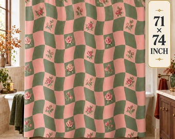 Wavy Checkered Shower Curtain, Sage Green Pink Rose Fabric Curtain, Danish Pastel Bathroom Decor