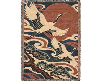 Japanese Crane Woven Blanket, Terracotta Sun Tapestry Throw, Teal Cream Japandi Wall Hanging, Cotton Fringe Blanket Gift
