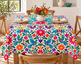 Mexican Otomi Tablecloth, Colorful Tenango Embroidery Table Cloth, Boho Fiesta Dining Decor