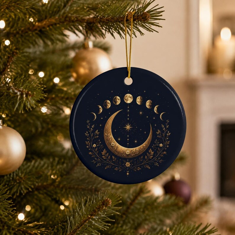 May include: A round, dark navy blue ceramic ornament featuring a gold-toned crescent moon at the center, surrounded by a lunar phase cycle and delicate floral branches. A single gold star sits above the moon, and a gold string is attached for hanging.