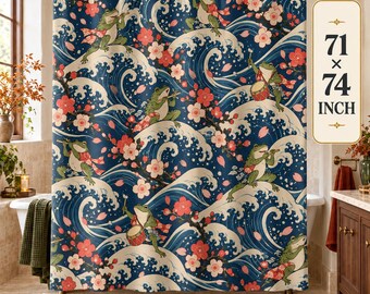 Japanese Wave Frog Shower Curtain, Ukiyo-e Musician Frogs Fabric Curtain, Indigo Woodblock Bathroom Decor