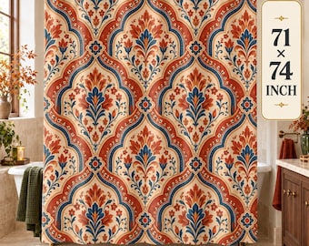 Moroccan Arch Shower Curtain, Terracotta Lantern Trellis Fabric Curtain, Boho Riad Bathroom Decor