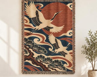 Japanese Crane Woven Blanket, Terracotta Sun Tapestry Throw, Teal Cream Japandi Wall Hanging, Cotton Fringe Blanket Gift