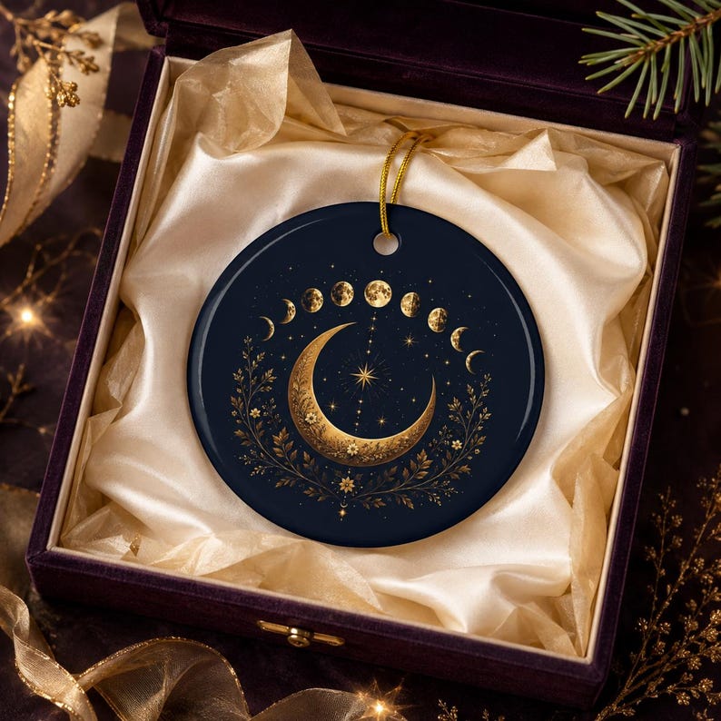 May include: A circular dark blue ceramic ornament featuring a gold crescent moon, a central star, and a surrounding lunar phase cycle. The design includes intricate gold floral vines and small stars. A gold string is attached for hanging.