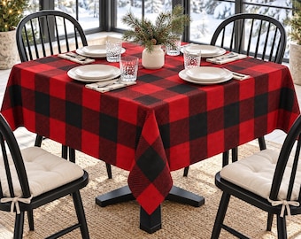 Buffalo Check Tablecloth, Red Black Plaid Christmas Table Cloth, Rustic Cabin Holiday Dining Decor