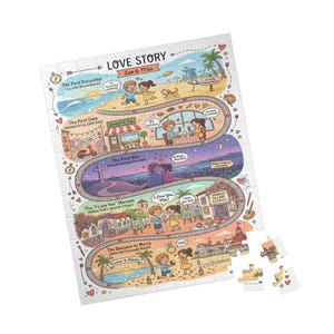Può includere: Un colorato puzzle intitolato "LOVE STORY" con illustrazioni del viaggio di una coppia, tra cui il loro primo incontro, appuntamento, bacio e proposta. Il puzzle include il testo "Leo & Mia" ed è parzialmente assemblato.