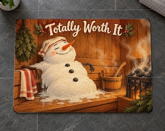 Snowman Sauna Bath Mat, Totally Worth It Melting Snowman Bathroom Rug, Funny Christmas Bathroom Decor