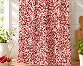 Hungarian Paprika Tea Towel, Red White Kalocsa Folk Kitchen Towel, Farmhouse Dish Towel Gift