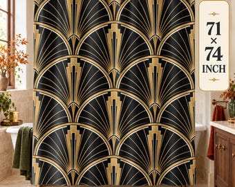 Art Deco Shower Curtain, Black and Gold Fan Pattern Fabric Curtain, Gatsby Glam Bathroom Decor