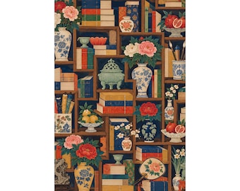 May include: A vertical wall art print featuring a dark-toned bookshelf filled with stacks of colourful books, blue and white porcelain vases, bowls of fruit, blooming peonies, and decorative ceramic incense burners arranged in a grid pattern.