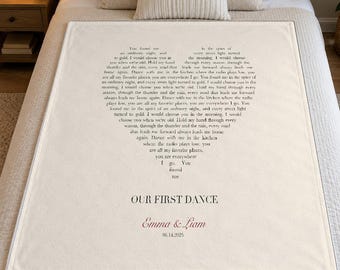 Custom Song Lyrics Blanket, Personalized First Dance Heart Throw, Wedding Song Anniversary Gift for Couple, Our Song Plush Blanket