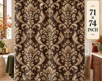 May include: A dark brown shower curtain featuring a repeating beige damask pattern. The curtain hangs from a bronze rod with rings and measures 71 x 74 inches as indicated by the text on the right side of the image.