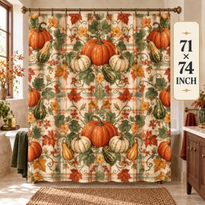 May include: A shower curtain featuring a repeating pattern of orange pumpkins, white pumpkins, green gourds, red berries, and autumn leaves over a cream and green plaid background. A rectangular sign indicates the size is 71 x 74 inches.