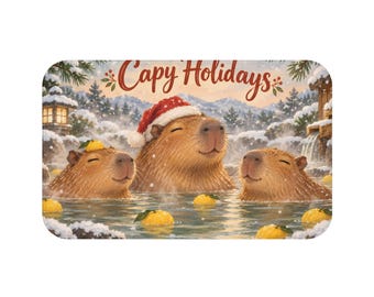 Capybara Christmas Bath Mat, Capy Holidays Yuzu Hot Spring Santa Hat Bathroom Rug, Funny Holiday Bathroom Decor