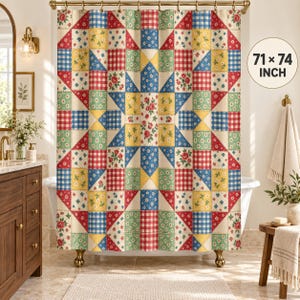 May include: A shower curtain featuring a patchwork quilt design with a central star pattern. The fabric displays a repeating motif of red and blue gingham checks, yellow and green floral prints, and red roses, measuring 71 by 74 inches.