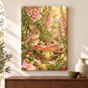May include: A canvas print featuring a brown rabbit and a mouse sitting at a mushroom table in a garden. They are drinking from small cups surrounded by pink foxglove flowers, green foliage, and red strawberries on the forest floor.