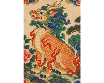 May include: A vertical wall art print featuring a mythical creature with a dragon-like head, orange scales, and a flowing blue and green mane. The creature is surrounded by stylised red flames, a pink peony flower, and blue clouds on a beige background.