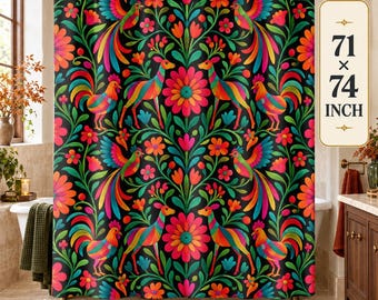 May include: A shower curtain featuring a repeating pattern of colourful birds, deer, and flowers on a black background. The curtain measures 71 by 74 inches and is suspended from a metal rod with rings. The design includes vibrant red, orange, pink, blue, and green floral and animal motifs.