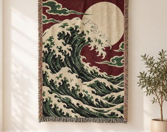 Japanese Wave Woven Blanket, Moon and Ocean Tapestry Throw, Burgundy Sage Japandi Wall Hanging, Cotton Fringe Blanket Gift