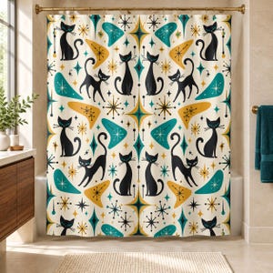 Atomic Starburst Cat Shower Curtain, Mid Century Modern Retro Cat Bathroom Decor, Kitschy 1950s Bath