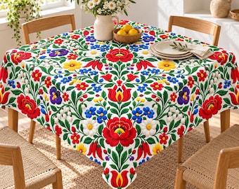 Hungarian Kalocsa Tablecloth, Colorful Floral Folk Embroidery Table Cloth, Spring Dining Decor