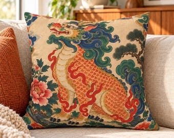 Korean Qilin Pillow Cover, Minhwa Haetae Guardian Throw Pillow, Asian Folk Art Cushion for Sofa