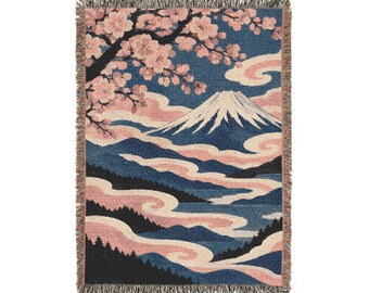 Mount Fuji Woven Blanket, Japanese Cherry Blossom Tapestry Throw, Pink Slate Blue Japandi Wall Hanging, Cotton Fringe Gift